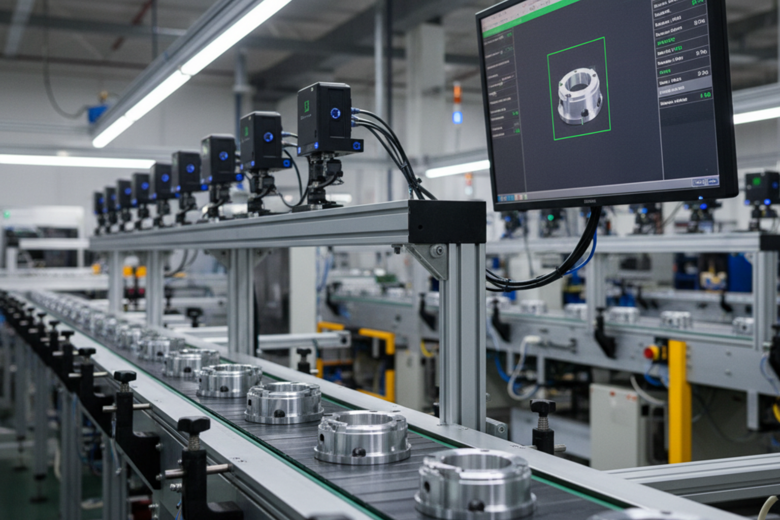 Sistema de visión por computadora industrial con IA inspeccionando productos en línea de producción chilena, mostrando detecc