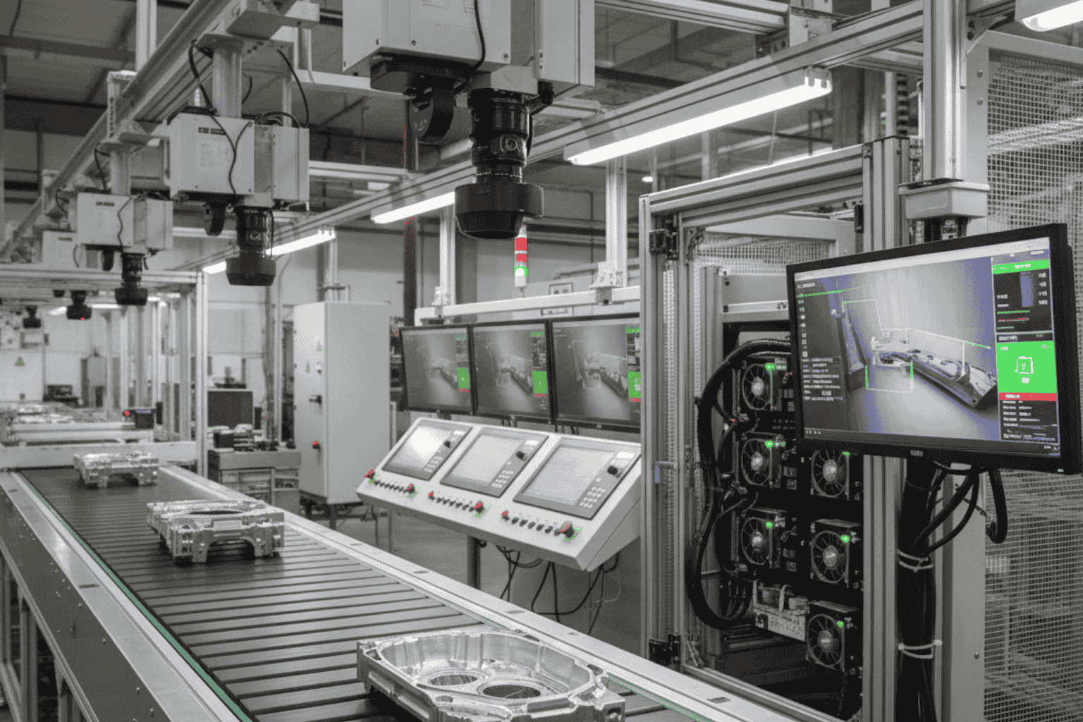 Línea de producción automatizada equipada con cámaras de visión computacional e inteligencia artificial industrial desarrolla