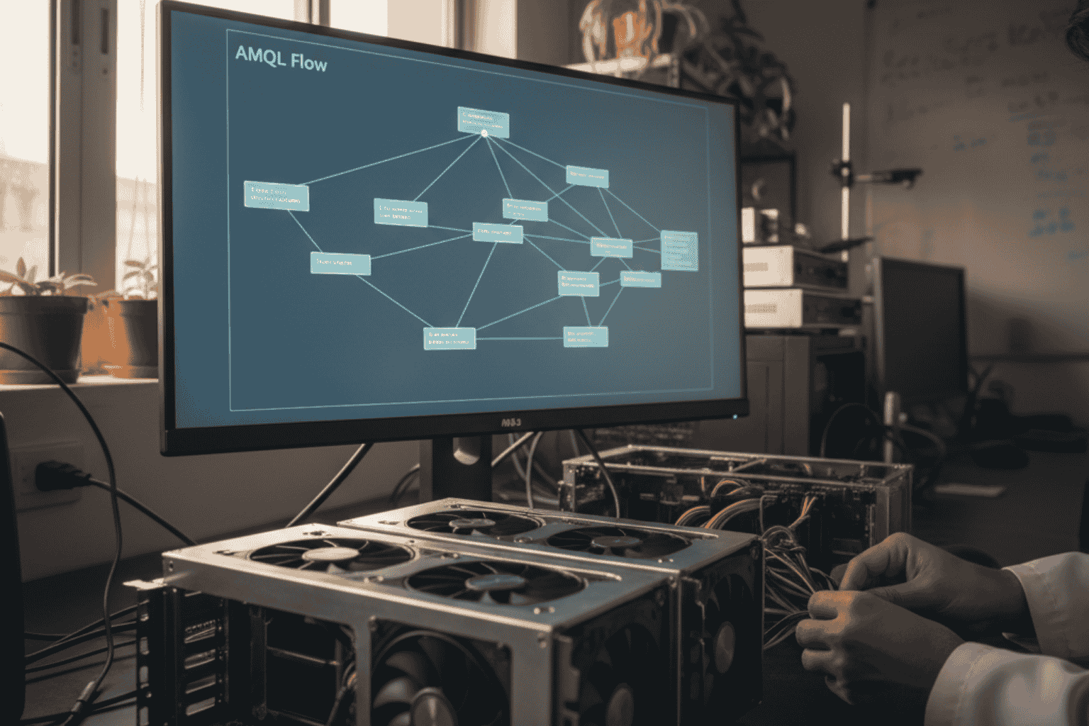 Estación GPU visualizando el flujo AMQL en un modelo de Lenguaje Cuántico IA desarrollado por JhedAI en laboratorio chileno.